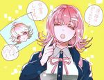  1girl alter_ego brown_hair check_translation danganronpa danganronpa_1 fujisaki_chihiro hair_ornament hairclip hood hoodie minato.666 nanami_chiaki pink_eyes pink_hair short_hair smile super_danganronpa_2 translation_request 