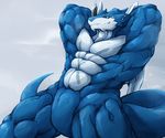  abs anthro biceps big_muscles blue_scales bulk digimon exveemon featureless_crotch grey_scales horn huge_muscles male markings muscular muscular_male pecs red_eyes reptile scales scalie slit smile solo sweat teeth waddledox white_scales 