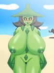  ambiguous_gender anthro areola beach big_breasts blush breasts cacturne cactus deadpliss_(artist) female flora flora_fauna green_body green_nipples hair hat huge_breasts human humanoid lactating looking_at_viewer mammal nintendo nipples nora plant pok&eacute;mon seaside thick_thighs video_games wide_hips 