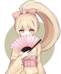  bad_id bad_pixiv_id blonde_hair bow danganronpa danganronpa_3 fan folding_fan hair_bow japanese_clothes kimono kobeni long_hair obi saionji_hiyoko sash solo yellow_eyes 