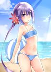  absurdres akebono_(kantai_collection) ball beach beachball bell bikini flower hair_bell hair_flower hair_ornament highres jingle_bell kantai_collection logical purple_eyes purple_hair side_ponytail solo standing swimsuit 