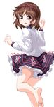  :d bad_id bad_twitter_id barefoot beamed_eighth_notes black_skirt blush brown_eyes brown_hair commentary_request feet from_behind hairband highres long_sleeves looking_at_viewer looking_back musical_note musical_note_print open_mouth puffy_long_sleeves puffy_sleeves quarter_note ruu_(tksymkw) shirt short_hair simple_background skirt smile soles solo standing standing_on_one_leg striped striped_skirt toes touhou tsukumo_yatsuhashi white_background white_shirt 