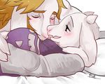  2016 asgore_dreemurr bed blonde_hair blush boss_monster caprine clothed clothing duo eyes_closed facial_hair female goat hair horn long_ears lying male mammal on_bed pillow rie_(artist) robe toriel undertale video_games 