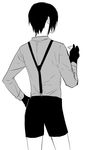  1boy alternate_costume back black_hair cowboy_shot from_behind gloves hand_on_hip male_focus monochrome personification shorts simple_background solo suspenders touken_ranbu white_background yagen_toushirou zoosama 