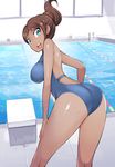  :d asahina_aoi ass back blue_eyes breasts brown_hair danganronpa danganronpa_1 highres large_breasts nac000 one-piece_swimsuit open_mouth ponytail pool smile solo swimsuit tan teeth wet 