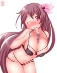  ;) alternate_breast_size artist_name bare_shoulders between_breasts blush breasts collarbone dated hair_ornament heart heart-shaped_pupils highres kanon_(kurogane_knights) kantai_collection kisaragi_(kantai_collection) large_breasts leaning_forward long_hair mouth_hold navel one_eye_closed purple_eyes purple_hair simple_background smile solo swimsuit symbol-shaped_pupils tupet white_background 