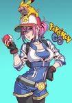  bike_shorts black_gloves blue_eyes breasts cosplay female_protagonist_(pokemon_go) fingerless_gloves gen_1_pokemon gloves hand_on_hip hat holding holding_poke_ball looking_at_viewer medium_breasts pikachu pikachu_(cosplay) pink_hair poke_ball poke_ball_(generic) pokemon pokemon_go ponytail yamashita_shun'ya 