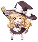  ;d \n/ apron bad_id bad_twitter_id black_dress black_eyes black_footwear blonde_hair blush bobby_socks bow braid broom chibi commentary_request dress frilled_dress frills full_body hair_bow hat hat_bow kirisame_marisa long_hair looking_at_viewer mary_janes one_eye_closed open_mouth puffy_short_sleeves puffy_sleeves purple_bow ruu_(tksymkw) shoes short_sleeves side_braid single_braid smile socks solo star touhou waist_apron white_bow white_legwear witch_hat 