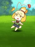  &gt;_&lt; 1girl animal_ears artist_name bell blonde_hair blue_sky blush closed_eyes cloud cloudy_sky dated day dog_ears dog_girl dog_tail doubutsu_no_mori forest furry gameplay_mechanics hair_ornament nature open_mouth outdoors pain pokemon pokemon_go shigatake shizue_(doubutsu_no_mori) skirt sky solo tail throwing throwing_poke_ball topknot tree 