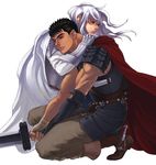  armor bad_id bad_pixiv_id bandages berserk black_hair blue_eyes boots breastplate brown_eyes cape faulds gauntlets griffith guts holding holding_sword holding_weapon hug knee_boots long_hair male_focus multiple_boys one_knee scar shoulder_armor simple_background spaulders spurs sword weapon white_hair zonzgong 