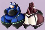  animal_crossing big_breasts big_butt blue_fur bow breasts butt cleavage clothed clothing duo eyes_closed female fur huge_breasts mabel_able nintendo overweight sable_able simple_background tagme video_games 