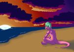  anthro beach detailed_background fur green_hair hair impressionist_background male mammal messer muscular muscular_male mustelid nude otter outside pink_fur seaside sitting solo sunset water 