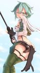  animal anti-materiel_rifle aqua_eyes aqua_hair ass blush breasts cat fingerless_gloves from_behind gloves gun hair_ornament hairclip holding holding_weapon looking_back medium_breasts no_panties open_mouth pgm_hecate_ii rifle scarf short_hair short_shorts shorts shorts_pull sinon sniper_rifle solo standing sword_art_online weapon yagni 