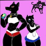  abs anthro black_body blue_eyes canine clothing collar dog dress duo female low_res mammal mascot midriff mtv multi_head personification pink_background red_eyes simple_background smile spiked_collar spikes unknown_artist 