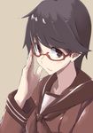  adjusting_eyewear bangs bespectacled black_eyes black_hair glasses hand_on_eyewear kamukamu_(ars) kantai_collection long_sleeves looking_at_viewer mogami_(kantai_collection) red-framed_eyewear school_uniform semi-rimless_eyewear serafuku short_hair simple_background solo swept_bangs under-rim_eyewear 