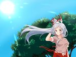  bow fujiwara_no_mokou hair_blowing hair_bow ifuji_sakura light_rays long_hair red_eyes smile solo sunbeam sunlight suspenders touhou tree white_hair wind 