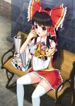  ascot ass bad_id bad_pixiv_id bag bench black_hair blush bow bread brown_eyes candy commentary_request detached_sleeves drink eating embellished_costume food french_fries frilled_shirt_collar frilled_skirt frilled_sleeves frills hair_bow hair_tubes hakurei_reimu hamburger highres holding holding_food kirisame_marisa kofboy lace lace-trimmed_thighhighs lollipop long_hair looking_at_viewer miniskirt open_mouth panties pantyshot pantyshot_(sitting) paper_bag park_bench poster_(object) red_bow red_shirt red_skirt shirt sidelocks sitting skirt skirt_set solo striped striped_panties thighhighs touhou underwear white_legwear wide_sleeves 