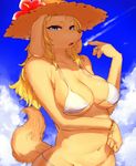  4_fingers big_breasts blonde_hair blue_eyes bracelet breasts brown_nose canine cleavage clothed clothing cloud dog fangs female flower hair hat hibiscus jewelry long_ears long_hair looking_at_viewer mammal navel plant ring sky snout solo straw_hat suurin sweat white_bikini 