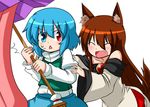  :d :o ^_^ animal_ears arm_garter bad_id bad_pixiv_id bare_shoulders blue_eyes blue_hair blue_skirt blush brown_hair closed_eyes collarbone commentary_request dress fang green_vest heterochromia imaizumi_kagerou juliet_sleeves karakasa_obake katsumi5o long_hair long_sleeves looking_at_another multiple_girls off-shoulder_dress off_shoulder open_mouth puffy_sleeves red_eyes short_hair skirt smile sweat tail tatara_kogasa touhou triangle_mouth umbrella upper_body v-shaped_eyebrows vest wide_sleeves wolf_ears wolf_tail 