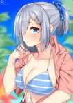  absurdres alternate_costume alternate_hairstyle bikini blue_eyes blurry breasts cleavage depth_of_field from_side hair_ornament hair_over_one_eye hair_strand hair_tousle hairclip halter_top halterneck hamakaze_(kantai_collection) highres kantai_collection large_breasts lips midriff nebusoku outdoors profile short_hair short_ponytail sideboob solo striped striped_bikini sweat swimsuit upper_body 