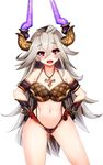  bangs bikini blush breasts draph gloves granblue_fantasy grey_hair hair_between_eyes hands_on_hips horns jewelry large_breasts long_hair looking_at_viewer midriff navel necklace open_mouth pubic_hair red_eyes smile solo swimsuit tenken_(gotannda) thalatha_(granblue_fantasy) 