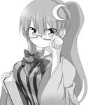  adjusting_eyewear alternate_hairstyle asymmetrical_hair bad_id bad_pixiv_id bespectacled book bow bowtie breasts commentary_request crescent crescent_hair_ornament dress glasses greyscale hair_bow hair_ornament highres holding holding_book katsumi5o large_breasts long_hair long_sleeves looking_at_viewer monochrome patchouli_knowledge ponytail semi-rimless_eyewear solo striped touhou under-rim_eyewear upper_body vertical-striped_dress vertical_stripes wide_sleeves 