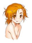  :p blush eyebrows eyebrows_visible_through_hair face futari_wa_precure_splash_star hair_ornament hairclip hyuuga_saki kazuma_muramasa nude orange_eyes orange_hair precure short_hair simple_background smile solo thick_eyebrows tongue tongue_out upper_body very_short_hair white_background 