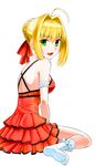  :d ahoge back blonde_hair breasts covered_nipples dress fate/extra fate_(series) green_eyes looking_at_viewer medium_breasts modern_costume_of_crimson nero_claudius_(fate) nero_claudius_(fate)_(all) open_mouth red_dress shirotsumekusa simple_background sitting sleeveless sleeveless_dress smile socks solo wariza white_background white_legwear 