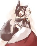 alternate_hair_length alternate_hairstyle animal_ears bare_shoulders blouse breasts brooch brown_hair fang hand_on_hip imaizumi_kagerou index_finger_raised jewelry kaginoni long_sleeves looking_at_viewer medium_breasts off_shoulder one_eye_closed open_mouth red_eyes red_skirt short_hair sketch skirt solo tail touhou wide_sleeves wolf_ears wolf_tail 