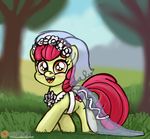 apple_bloom_(mlp) clothing dress friendship_is_magic looking_at_viewer my_little_pony nature outside patreon sketch smudge_proof solo sweet_apple_acres text veil wedding_dress 