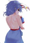  animal_ears back bad_id bad_pixiv_id blue_hair blue_skirt bunny_ears closed_mouth covering cowboy_shot ear_clip extra_ears frills from_behind looking_at_viewer looking_back profile red_eyes see-through_silhouette seiran_(touhou) shirt_removed simple_background skirt skirt_set solo sudako_(dai011305) topless touhou white_background 
