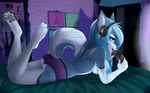 2016 anthro bare_back bare_shoulders bed blue_eyes blue_fur blue_hair breasts canine detailed_background dog eyelashes female fur gaming_controller gradiewoof grey_fur grey_nose grey_pawpads hair headphones headset husky inside looking_at_viewer lying mammal markings on_bed on_front pawpads side_boob white_fur 