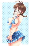  akizuki_ritsuko antenna_hair between_breasts bikini_top blue-framed_eyewear braid breasts brown_eyes brown_hair dated fuyube_rion glasses highres idolmaster idolmaster_(classic) large_breasts midriff navel necktie necktie_between_breasts plaid plaid_skirt pleated_skirt polka_dot polka_dot_background skirt solo sweatdrop twin_braids v_arms 