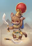  anthro chibi clothed clothing cute deity desert egyptian egyptian_mythology feline female headdress khopesh lion looking_at_viewer mammal melee_weapon pyramid red_eyes sand sekhmet silverfox5213 smile solo sword weapon wind 