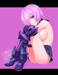  armor black_gloves black_legwear boots breasts crossed_legs detached_collar elbow_gloves fate/grand_order fate_(series) gloves hair_over_one_eye leg_hug letterboxed mash_kyrielight medium_breasts microskirt pink_hair purple_background purple_eyes purple_gloves purple_legwear shirotsumekusa short_hair signature sitting skirt smile solo thighhighs topless 