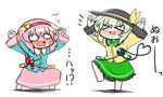  &gt;_&lt; 2girls :d :o arms_up bad_id bad_pixiv_id black_hat blue_shirt blush chibi closed_eyes commentary_request embarrassed eyeball frilled_shirt_collar frilled_skirt frilled_sleeves frills full_body green_hair green_skirt hairband hat hat_ribbon heart heart_of_string katsumi5o komeiji_koishi komeiji_satori long_sleeves looking_at_viewer multiple_girls o_o open_mouth pink_hair pink_skirt ribbon shirt short_hair siblings sisters skirt smile square_mouth sweat third_eye touhou v-shaped_eyebrows wide_sleeves xd yellow_ribbon yellow_shirt 