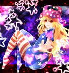  american_flag_dress american_flag_legwear arano_oki blonde_hair closed_mouth clownpiece full_body hat heart jester_cap long_hair looking_at_viewer outstretched_arm pantyhose polka_dot red_eyes shirt short_sleeves smile solo star star_print striped striped_legwear touhou 