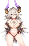  bangs bikini blush breastless_clothes breasts constricted_pupils draph fangs gloves granblue_fantasy grey_hair hair_between_eyes hands_on_hips horns jewelry large_breasts long_hair looking_at_viewer midriff navel necklace pubic_hair solo sweatdrop swimsuit tenken_(gotannda) thalatha_(granblue_fantasy) 