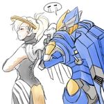  anger_vein begging blonde_hair blush bodysuit closed_eyes cowboy_shot crossed_arms facing_away high_ponytail looking_at_another mechanical_halo mechanical_wings mercy_(overwatch) multiple_girls overwatch pantyhose pharah_(overwatch) pout power_armor profile rejection simple_background sketch speech_bubble tuskine_kinase white_background wings 