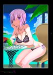  apple bare_shoulders bikini black_bikini border bracelet breasts cleavage cloud collarbone day fate/grand_order fate_(series) food fruit glass_table grapes hair_over_one_eye island jewelry large_breasts looking_at_viewer mash_kyrielight parted_lips pear pink_hair purple_eyes shirotsumekusa short_hair side-tie_bikini sitting sky solo swimsuit table water 