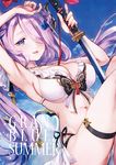  arm_up armpits bikini blue_eyes breasts cleavage demon_horns draph frills garter_straps granblue_fantasy hair_ornament hair_over_one_eye horns katana large_breasts lavender_hair lips long_hair looking_at_viewer low-tied_long_hair namanie narmaya_(granblue_fantasy) open_mouth solo swimsuit sword tied_hair twintails weapon white_bikini 