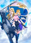  armor artoria_pendragon_(all) banner bare_shoulders blonde_hair blue_cape cape crown excalibur fate/apocrypha fate/grand_order fate/stay_night fate_(series) gauntlets greaves hair_over_one_eye helmet holding holding_sword holding_weapon jeanne_d'arc_(fate) jeanne_d'arc_(fate)_(all) long_hair looking_at_viewer mash_kyrielight multiple_girls open_mouth purple_eyes purple_hair saber shield shirotsumekusa sword weapon 