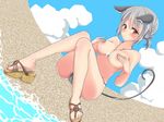  animal_ears beach black_bikini_bottom blush braid covering_nipples day grey_hair ifuji_sakura mouse_ears mouse_tail nazrin red_eyes sandals solo tail touhou 