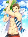  abs adonis_belt alternate_costume blush bracelet brown_hair groin hood hoodie idolmaster idolmaster_side-m jewelry looking_at_viewer male_focus male_swimwear muscle navel necklace nesuop_(sm_nesuop) nipples open_clothes purple_eyes shingen_seiji sleeveless sleeveless_hoodie smile solo swim_trunks swimwear water_gun wristband 