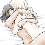  back bed_sheet black_hair blonde_hair breast_press breasts closed_eyes dark_skin dutch_angle eye_of_horus facial_mark facial_tattoo facing_another girl_on_top hair_tubes kiss leg_lock long_hair lying lying_on_person mercy_(overwatch) multiple_girls nude on_back overwatch pharah_(overwatch) shoulder_blades simple_background sketch tattoo tuskine_kinase wavy_hair white_background yuri 