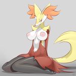  anthro anthrofied blush breasts delphox female grey_background nintendo pcred566 pok&eacute;mon simple_background sitting solo video_games wide_hips 