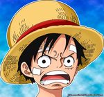  :d bandaid bandaid_on_cheek bandaid_on_face bandaid_on_forehead black_eyes black_hair commentary deviantart_username hat highres jecamage male_focus monkey_d_luffy one_piece open_mouth smile solo straw_hat v-shaped_eyebrows 