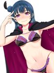  bikini blue_hair blush breasts cape chuunibyou hair_bun highres inanaki_shiki long_hair looking_at_viewer love_live! love_live!_sunshine!! medium_breasts purple_eyes simple_background smile solo swimsuit tsushima_yoshiko wavy_mouth 