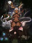  abs animal antlers arm_garter bird breasts chain cuffs dark_skin deer facial_mark flower forest full_moon grass highres hooves large_breasts long_hair looking_at_viewer minami_koyogi moon nature night night_sky o-ring o-ring_top original owl red_eyes silver_hair sky snake solo squirrel tree tree_stump 