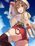  1girl ass atelier_(series) atelier_ryza bangs bare_shoulders beret black_ribbon blue_sky blush breasts brown_eyes brown_hair camisole flask hair_ornament hairclip hat highres jacket kuronyan large_breasts looking_back open_mouth red_shorts reisalin_stout ribbon round-bottom_flask short_hair short_shorts shorts sky sleeveless sleeveless_jacket smile solo thighs white_camisole white_headwear yellow_jacket 